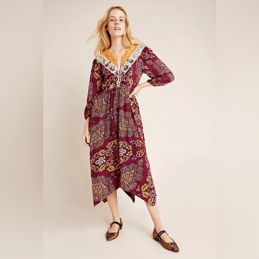 NWT Anthropologie Maeve Meredith Embroidered Maxi Dress Purple/Orange M